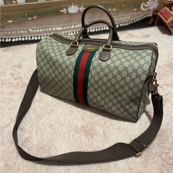 Gucci Beige and Brown Duffel Bag with Red and Green Stripe - Picture 1 of 4